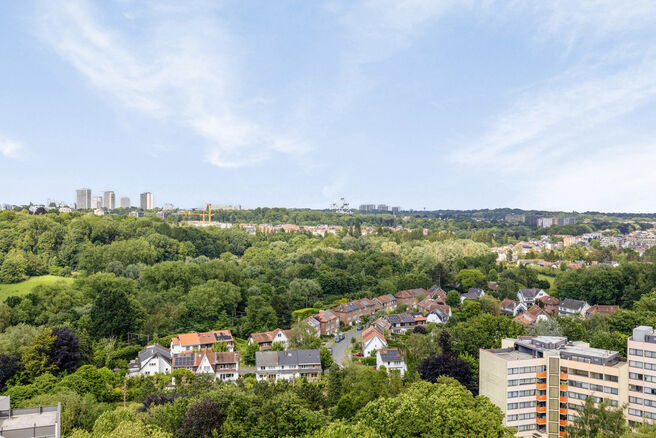 Cet appartement deux chambres avec une grande terrasse de 15 m² se trouve au 18e étage et offre une vue panoramique phénoménale sur Bruxelles.
Situé dans un environnement résidentiel et verdoyant, vous profitez ici de calme et de confort.

En entran